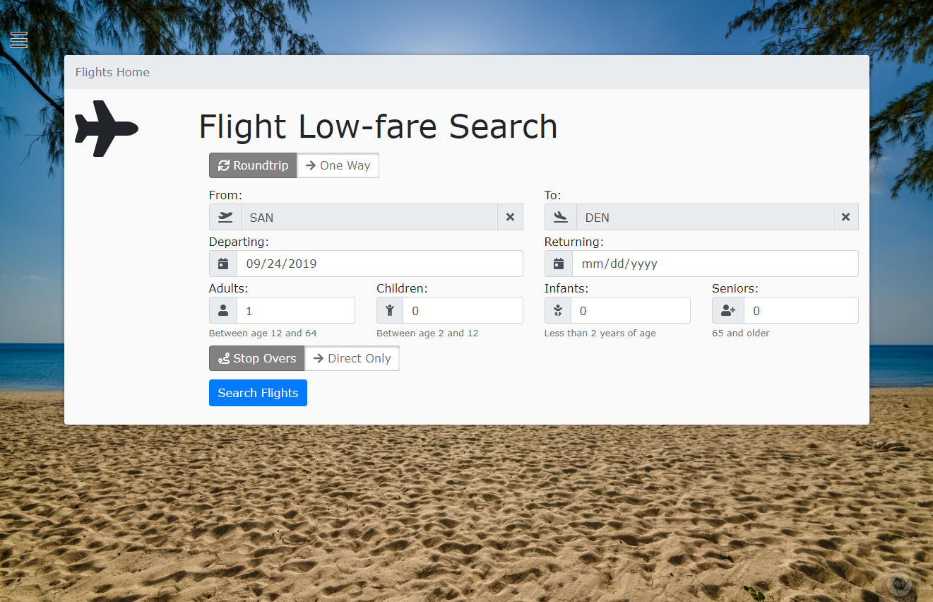 Story 4793 - 5092 Flight search form with more options toggled