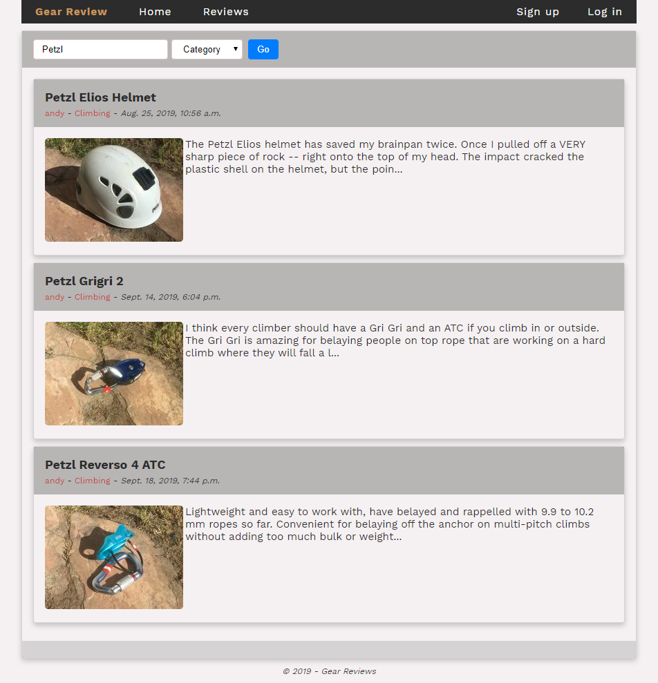 Reviews page showing search results for "Petzl"